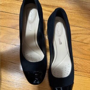 Clarks Women’s Black Suede and Patent Cap-Toe Heels